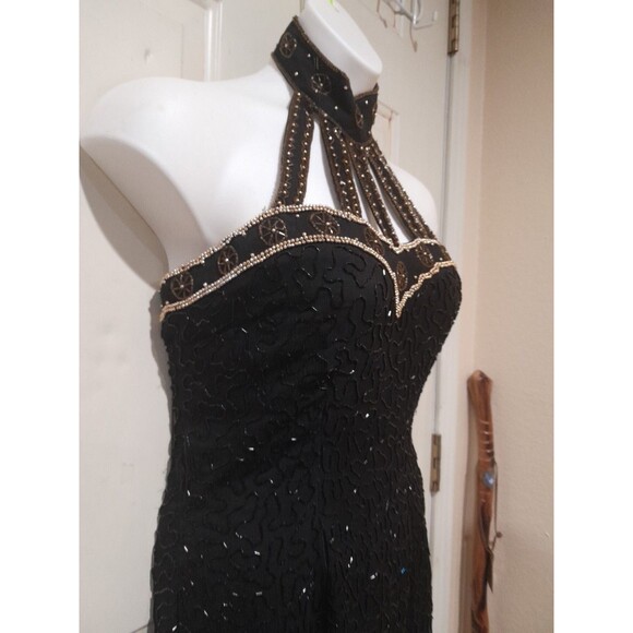Vintage Linsiano Beaded Dress with Gold Detail Choker, Black, Sz L - Picture 2 of 8